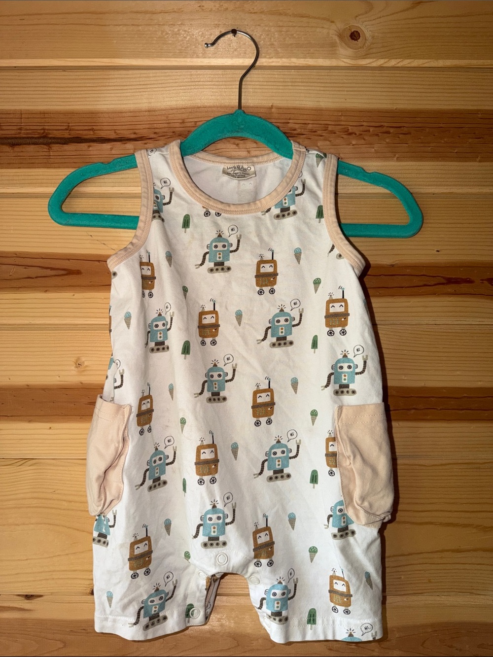 Sleeveless Robot Print Baby Romper in White and Tan